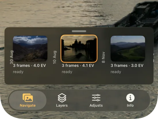 Bracket sets in the MergeHDR shelf on iPhone, each marked ready to merge