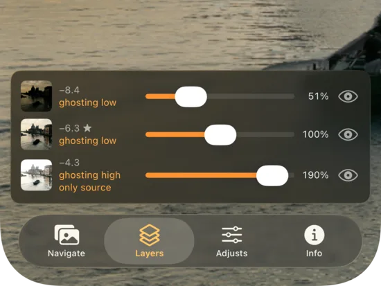 The Layers tab in MergeHDR for iPhone, showing per-exposure ghosting levels and opacity sliders