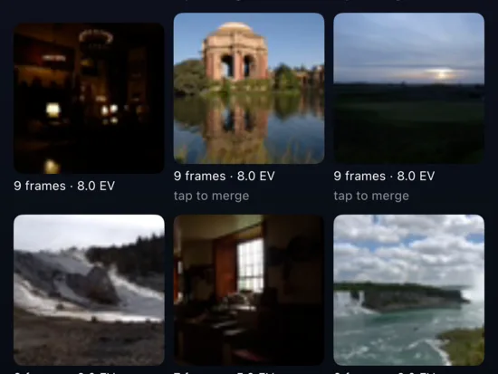 The All Sets grid in MergeHDR for iPhone, listing detected bracket sets with their frame count and EV range
