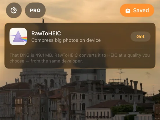 MergeHDR on iPhone offering to compress a 49.1 MB DNG export to HEIC with RAWtoHEIC, from the same developer
