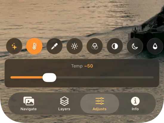 The Adjusts tab in MergeHDR for iPhone, showing the adjustment strip and a temperature slider