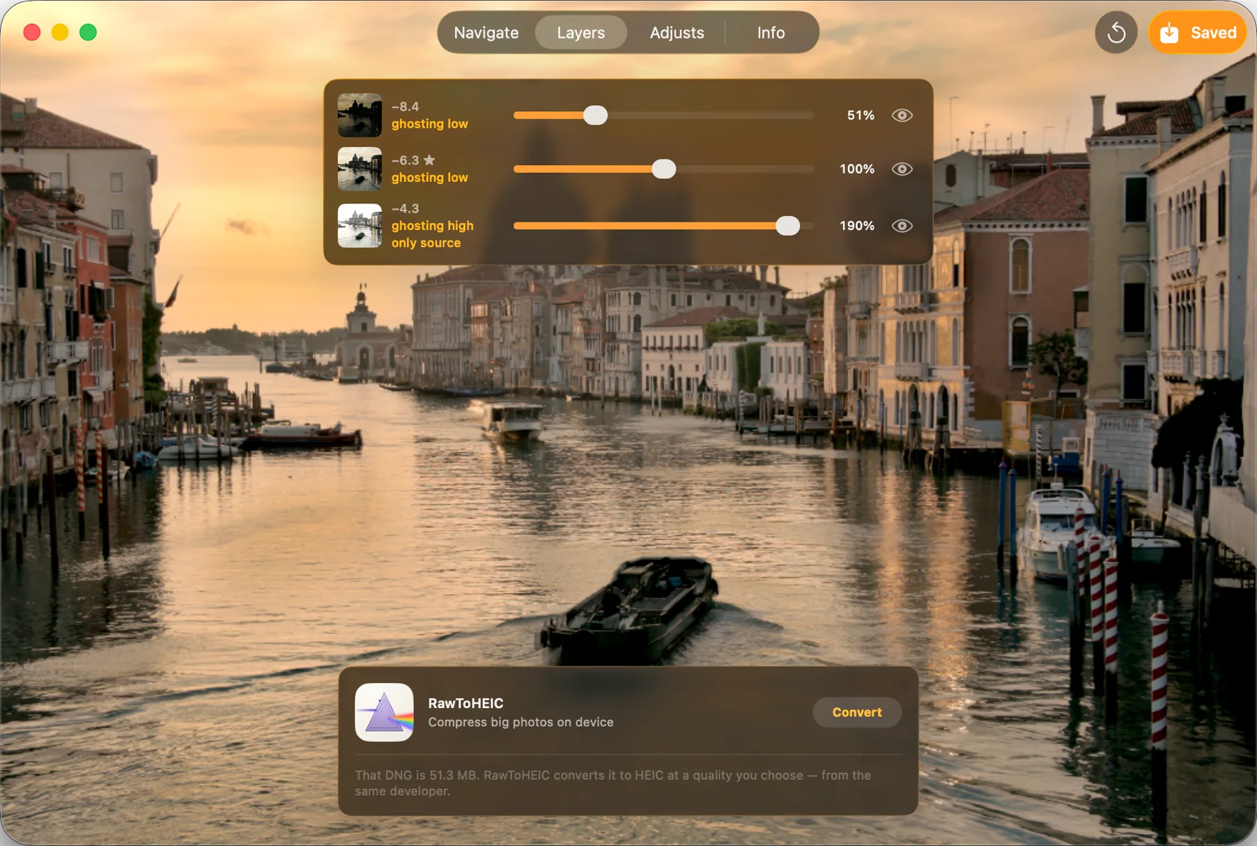 A merge saved in MergeHDR on Mac, with the RAWtoHEIC card offering to convert the 51.3 MB DNG export to HEIC at a quality you choose