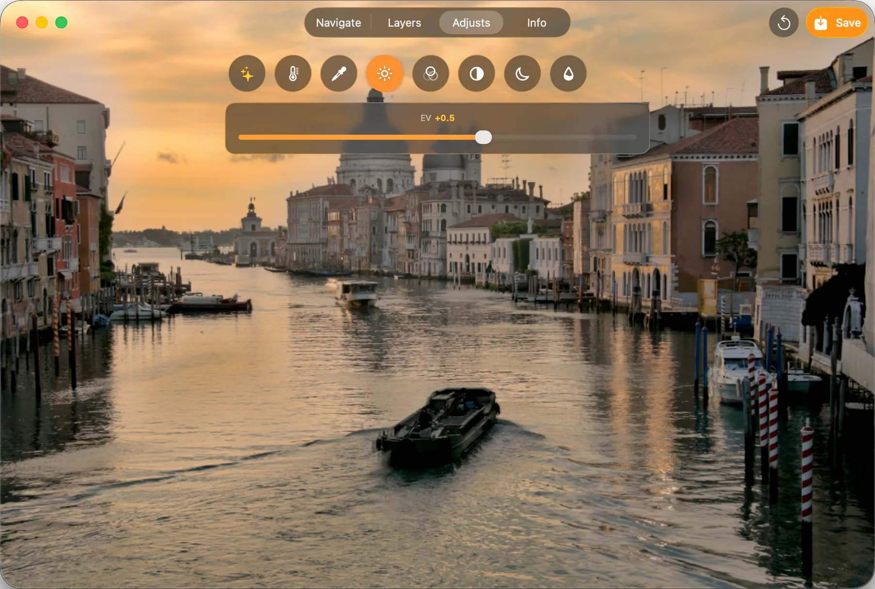 The MergeHDR review screen on Mac with the Adjusts tab open, exposure nudged to +0.5 EV alongside temperature, contrast and the other per-image controls